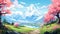 Mountains and cherry blossoms. Anime style landscape. Neural network AI generated