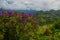 Mountains in the clouds, the villages and the hills with fields. Sabah, Borneo, Malaysia