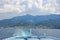 Mountains, cloudy sky, the ferry to the island thassos