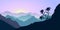 Mountains, edelweiss and forest at sunrise. landscape with silhouettes. Vector illustration