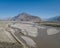 Mountains, flowing Shyok river with blue sky background on way to Diskit in Nubra valley, Leh