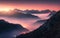 Mountains in fog at beautiful sunset in autumn in Dolomites, Ita