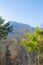 Mountains foggy white blue sky. Chinese autumn mountains.