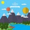 Mountains with forest and river trail landscape flat vector illustration, for camping and hiking, Extreme sports, rafting and hot