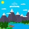 Mountains with forest and river trail landscape flat vector illustration, for camping and hiking, Extreme sports, rafting outdoor