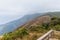 Mountains with golden grass and fog with the wooden observation deck along the way to Kew Mae Pan in Chiang Mai, Thailand