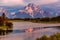 Mountains in Grand Teton National Park at sunrise. Oxbow Bend on the Snake River.