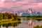 Mountains in Grand Teton National Park at sunrise. Oxbow Bend on the Snake River.