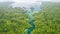 Mountains, green forest and drone for river canyon, ecology and water for scenery landscape view. Outdoor, greenery and