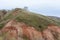 Mountains and hills on the coast of the river Volga. Beautiful patterns of rocks, meadows, green grass and trees. Beautiful spring