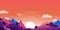 Mountains, hills landscape, horizontal nature background. Vector cartoon illustration of beautiful pink purple sunset