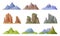 Mountains and hills set vector illustration. Natural snowy cliff mountain peak, hill top, iceberg