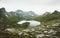 Mountains and lake aerial view Lofoten islands