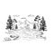 Mountains lake and forest view hand drawn vector illustration, sketch of alpine nature