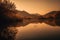 Mountains, lake and trees in the serene dawn., generative IA