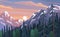 Mountains landscape, abstract lilac sunset panoramic view, vector illustration. Mountainside forest