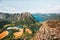 Mountains landscape aerial view fields and river in Norway