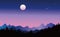 Mountains landscape. Mountain panorama at night, forest starry sky, moonlight, meteor