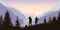 Mountains landscape poster. Tourist silhouettes on rock. Outdoor panorama of hills and forest. Adventure scene