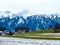 Mountains landscape and small Swiss town