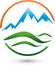 Mountains, meadow and sun, turism and sports logo
