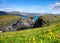 Mountains and ocean in the Iceland. High rocks and grass at the day time. Natural landscape at the summer.