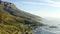 Mountains, ocean and seaside with environment, drone and sky with clouds, earth hills and travel. Cape Town, outdoor and