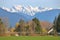 mountains overlooking farm and valley