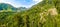 Mountains of the Pyrenees, forest and meadow. Summer, Andorra. Wide photo