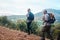 Mountains, retirement and hiking, mature couple on fitness nature walk with mountain in view in Peru. Travel, senior man