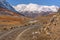 Mountains road larch autumn snow