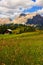 Mountains scenery to path, cottage, Sassongher and very nice nature in Alta Badia, Dolomiti mountains Italy, Europe