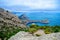 Mountains and sea are on background. Novyi Svit, Crimea, Sudak. Cape named Kapchik, sea is Black Sea. Beautiful landscape with