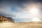 Mountains and a sea landscape with the blue sky. Black Sea, Russia.