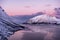 Mountains and sky during sunset. Senja island, Norway. Clouds on the sky during sundown.