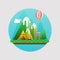 Mountains summer landscape. Concept with flat camping travel icons vector illustration.