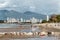 Mountains view from Kitsilano Beach in Vancouver, Canada