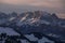 Mountains of Wilder Kaiser at Fieberbrunn during sunset in winter with snow, Tyrol Austria