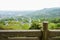 Mountainside stone balustrade in cloudy foggy spring