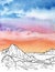 Mountin skyline panorama watercolor paint with colorful clouds