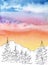 Mountin skyline panorama watercolor paint with colorful clouds