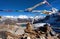 Mounts Everest Lhotse Makalu with buddhist prayer flags