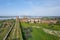 Mourao castle towers and wall historic building with alqueva dam reservoir in Alentejo, Portugal