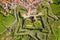 Mourao drone aerial top view of star shapped castle with alqueva dam lake behind in Alentejo, Portugal