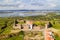 Mourao drone aerial view of castle with alqueva dam lake behind in Alentejo, Portugal