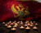 Mourning candles burning on Montenegro national flag of background. Memorial weekend, patriot veterans day, National Day of