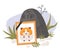 Mourning portrait of dead hamster. Cemetery and grave and stones with grass. Vector illustration. Photograph frame with