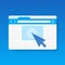 Mouse arrow click on browser web site window vector icon, cursor clicking on internet website page isolated on blue background