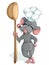 Mouse with the attributes of a kitchen worker in the form of a cook hat and a wooden cover. Concept. Cartoon