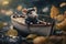 Mouse in the boat floats on an autumn pond, mouse dressed like a sailor on his boat, cartoon mouse clothes in the boat